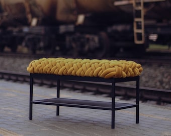 Woven Mustard Velvet Bench with Black Metal Shoe Rack