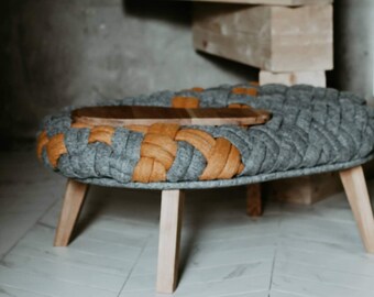 Woven Ottoman Pouf Coffee Table, Oiled Oak Legs