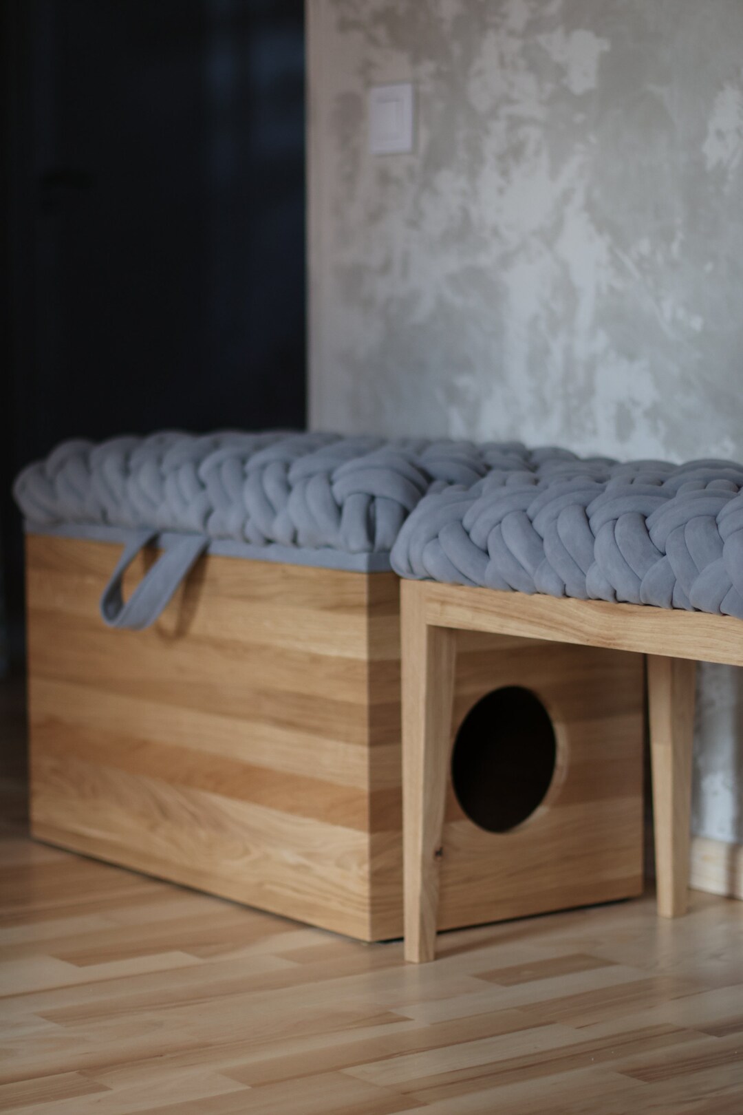 2 Furniture Set Litter Box and Stright Leg Wooden Ottoman, Woven Knot