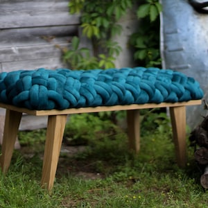 Velvet end of bed bench, Wooden upholstered ottoman for living room, footstool, woven knot, vanity stool, dinning chair