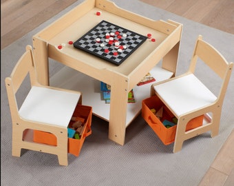 study table organizer 3-Piece Kids Table and Chairs Set | Wooden Storage Study Chair Desk Activity Writing Student Child
