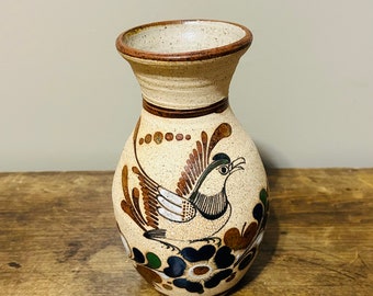 Vintage Tonala Bird Floral Pottery Vase- Made in Mexico