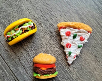 Set of 3 food magnets pizza hamburger tacos clay polymer sculpey varnish resin