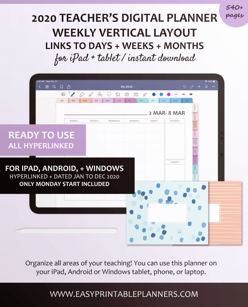 2020 Digital Teacher Planner Horizontal Monthly and Weekly Etsy