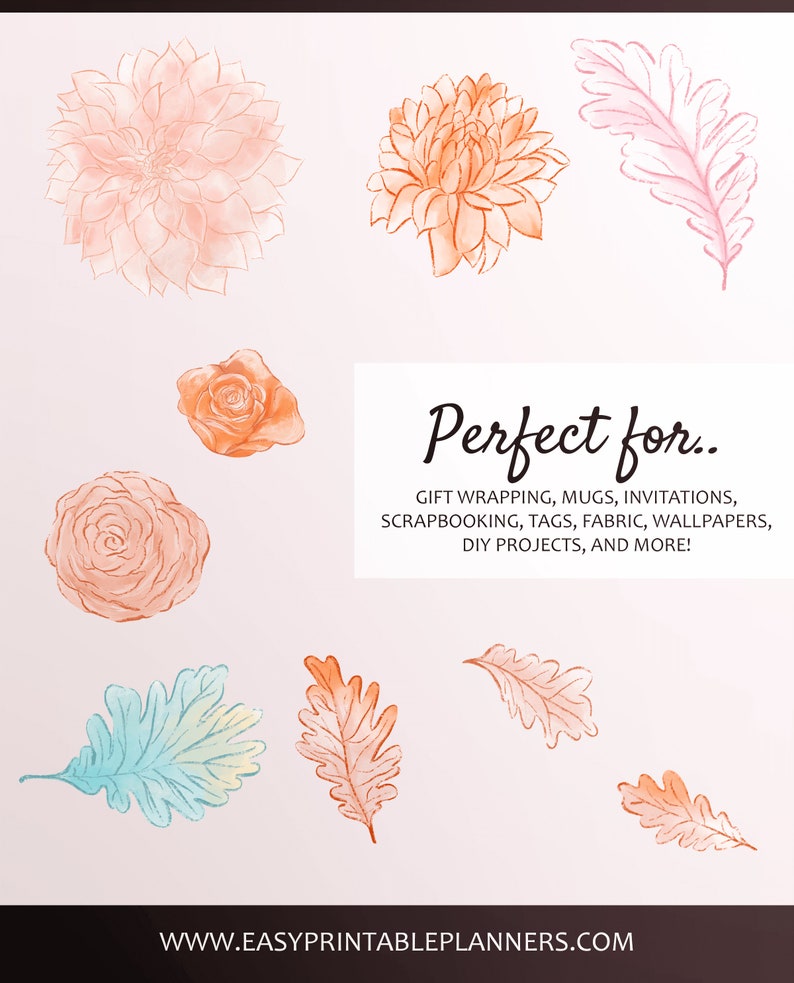 Leaves Digital Scrapbooking and Peonies For Planner Stickers Autumn Clip Art with Anemones Roses etc Watercolor Floral Fall Clipart