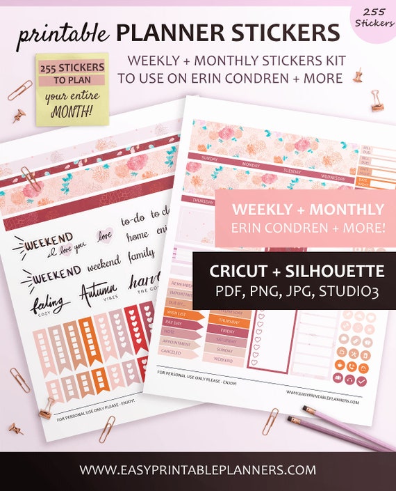 Calendars &amp; Planners Paper Font A Printable Home Script Stickers Plum ...
