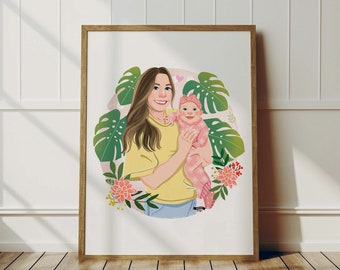 Portrait de famille personnalisé, Illustration personnalisée, Portrait numérique dessiné à la main, Cadeau pour elle, Cadeau pour la fête des Mères, Cadeau pour maman