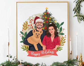 Custom Christmas Portrait, Family Portrait, Personalized Christmas Gift Idea, Gift For Boyfriend, Gifts For Her Christmas