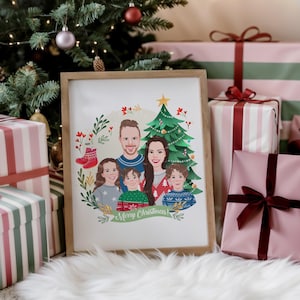 Retrato de família personalizado para cartões de Natal, presente de Natal personalizado, arte digital desenhada à mão a partir de fotos