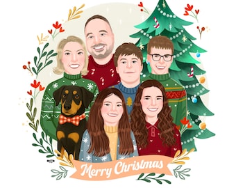 Personalized Christmas Family Portrait Drawing, Holiday Card (Digital Download)