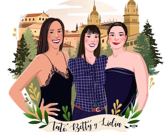 Custom Portrait Illustration – Personalized Family Art, Festive Background (Digital Download)