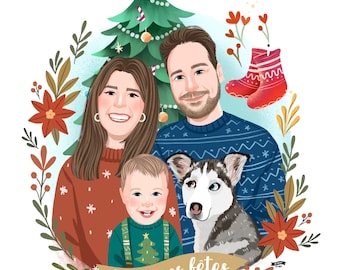 Custom Christmas Portrait, Personalized Family Portrait, Holiday Photo Illustration, Digital Download, Christmas Gift with Pets