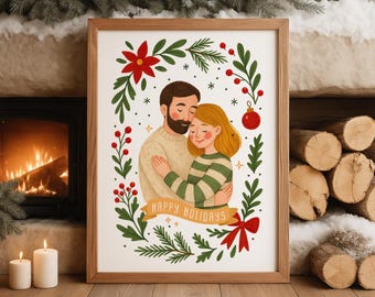 Custom Christmas Portrait, Digital Holiday Illustration, Personalized Photo Art, Hand Drawn Couple Christmas Portrait