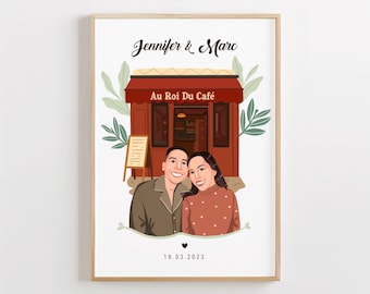 Couple Portrait With First Date Venue Drawing | Custom Illustration | Personalized Valentines Gift | Digital Gifts