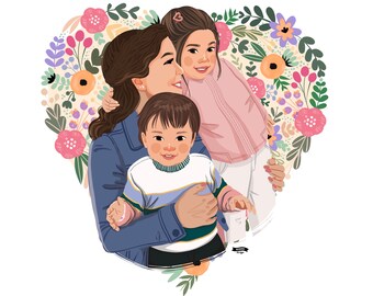 Family Portrait, Mother’s Day Portrait, Gift For Mom, Digital Illustration, Love Gift, Custom painting