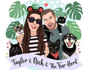 Custom Family Portrait, Family Illustration With Pets, Housewarming Gift, Unique Gift