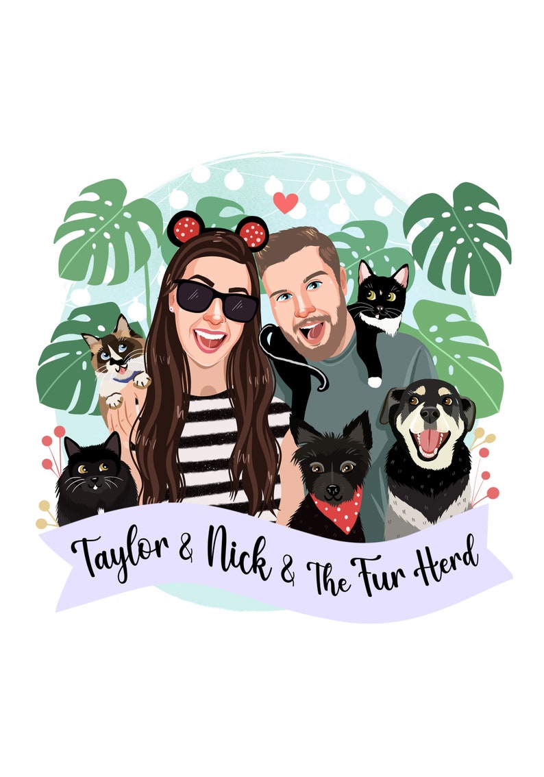 Custom Family Portrait, Family Illustration With Pets, Housewarming Gift, Unique Gift image 1