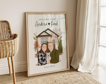 Couple Portrait With House Drawing | Custom Family Illustration | Personalized Valentines Gift | Digital Gifts