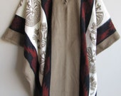 Poncho with Hood Wool Beige Red Coat Mens Cape Indigenous Native Navajo Hopi - Handmade in Ecuador