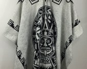 Poncho with Hood Wool White Coat Mens Cape Indigenous Navajo - Handmade Ecuador