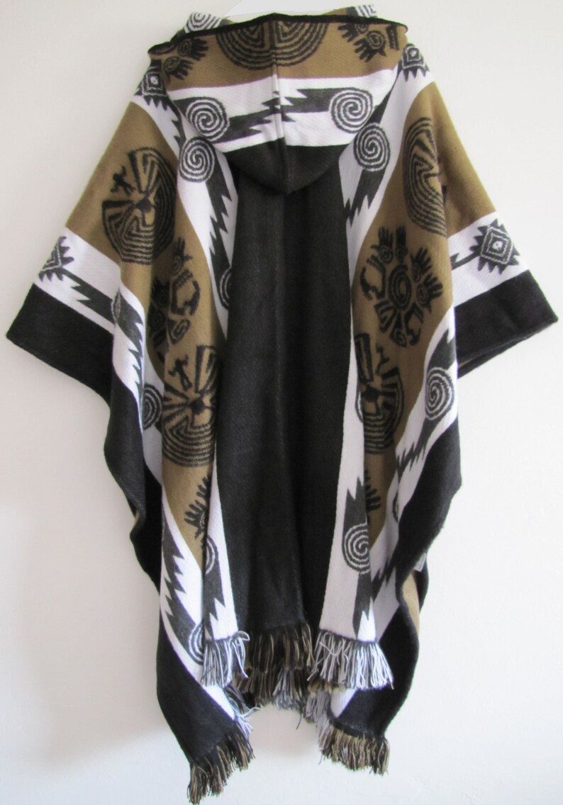 Poncho with Hood Wool Brown Coat Unisex Cape Indigenous Native Navajo Hopi Handmade in Ecuador