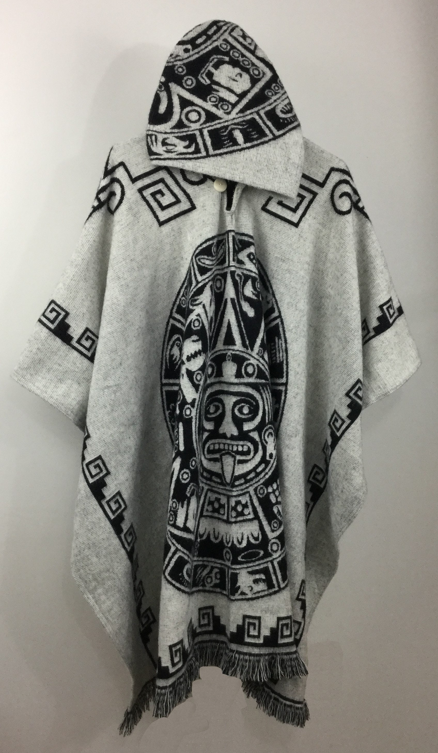 Poncho with Hood Wool White Coat Unisex Cape Indigenous Inca Calendar…