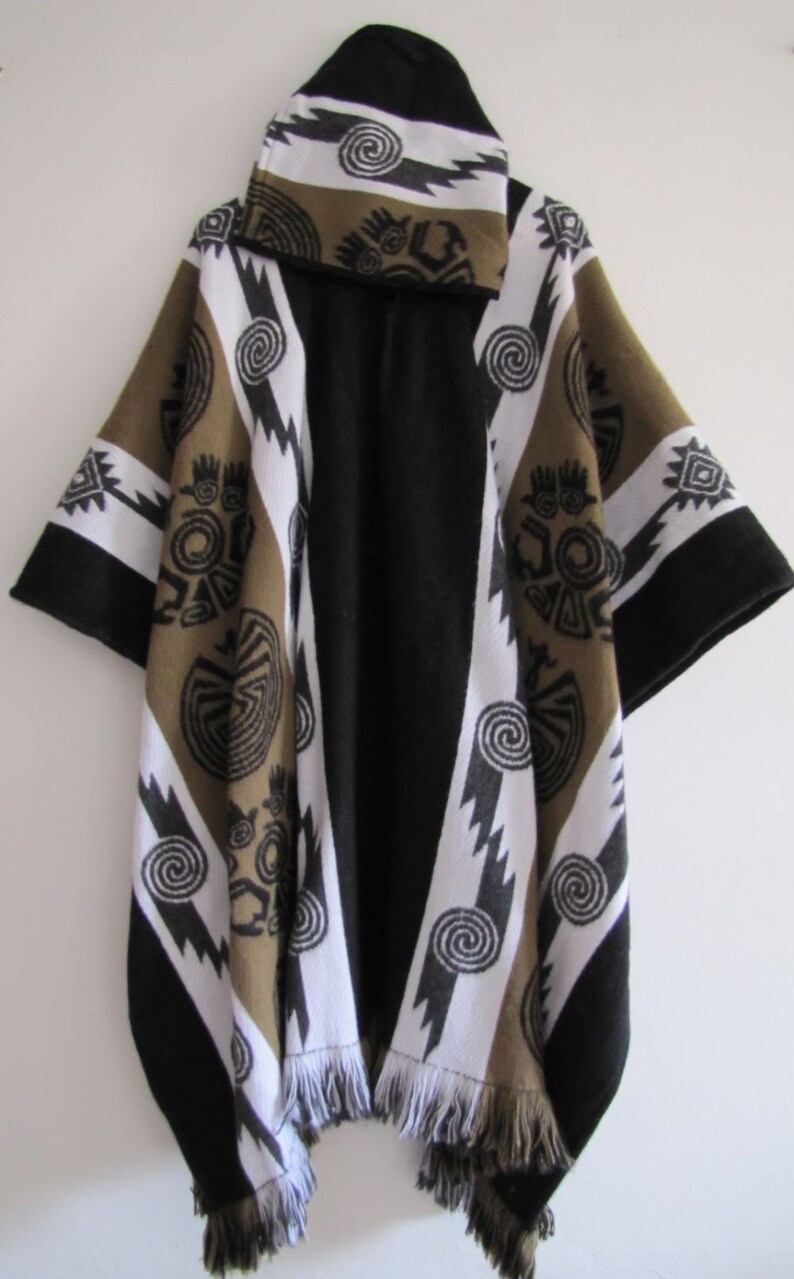 Poncho with Hood Wool Brown Coat Unisex Cape Indigenous Native Navajo Hopi Handmade in Ecuador