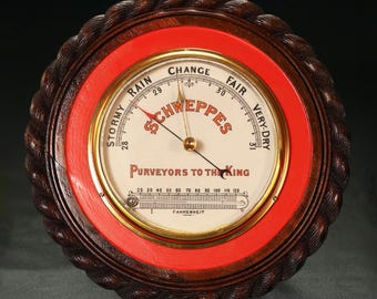 Barómetro publicitario antiguo de Schweppes, aneroide eduardiano, Short & Mason, c. 1905.