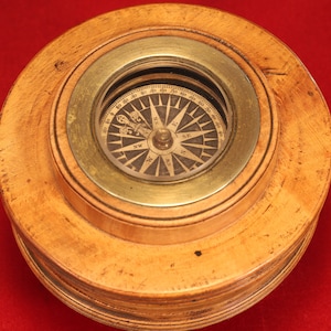 Brújula náutica georgiana antigua, circa 1800 / Estuche de madera de olmo / Tarjeta dibujada a mano / Regalo náutico