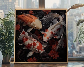 May include: Three koi fish swimming in a dark pond with red flowers. The koi are orange, white, and black with red and white markings. The fish are swimming in a dark pond with red flowers.