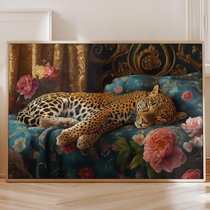 Sleepy leopard in vintage bed, leopard bedroom, maximalist wall art, leopard print, leopard wall art, art deco leopard, maximalist decor