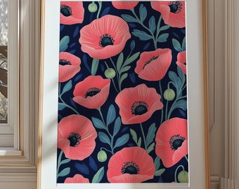 Pink Poppy Wall Art, Pink Poppy Print, Marimekko-Style Poppy Print, Boho Poppy Print, Abstract Poppy Print, Poppy Print, Digital Print
