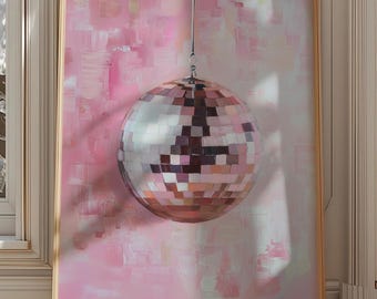 Retro disco ball print, pink wall art, trendy dorm room art, pastel pink girly apartment decor, college room dorm poster girly pink print