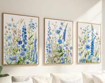 Set of 3 Blue Wildflower Prints, Wildflower Watercolor Print, Watercolor Flower Print, Boho Flower Wall Art, Floral Print, Digital Download