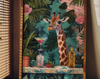 Jirafa en bar, Lámina de jirafa art déco para cocina, Arte mural de jirafa para cocina, Lámina de safari tropical para cocina, Decoración de cocina, Arte mural para cocina
