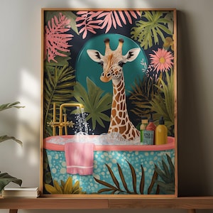 Plakat Żyrafa w Wannie, Art Deco Żyrafa Druk, Łazienka Żyrafa Ścienna Sztuka, Tropikalne Safari Druk Łazienkowy, Dekoracja Łazienkowa Sztuka, Sztuka Ścienna