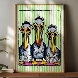 May include: Three cartoon pelicans wearing sunglasses with star-shaped lenses. The pelicans are standing in a row on a pink stripe against a green and white striped background.