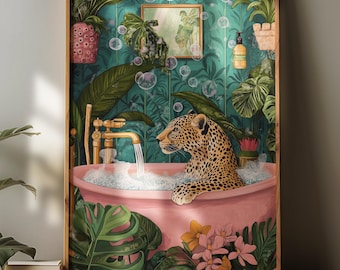 Leopard in Bathtub Poster, Art Deco Leopard Print, Bathroom Leopard Wall Art, Tropical Safari Bathroom Print, Bathroom Decor, Leopard Art