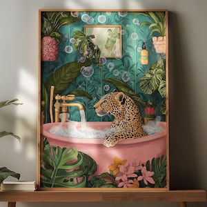 Leopard in Bathtub, Leopard Bathroom Print, Bathroom Flamingo Wall Art, Tropical Safari Bathroom Print, Bathroom Decor Art, Digital Download
