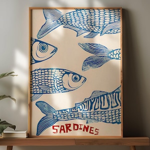Sardines Kitchen Art Print, Coastal Fish Wall Decor, Retro Seafood Illustration, Blue Nautical Poster, Quirky Printable Artwork, Sardines