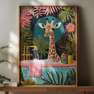 Giraffe in Bathtub, Giraffe Bathroom Print, Bathroom Giraffe Wall Art, Tropical Safari Bathroom Print, Bathroom Decor Art, Digital Download