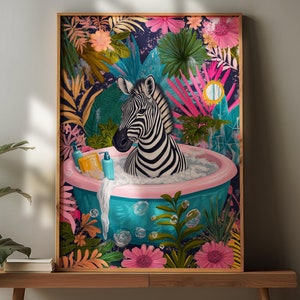 Zebra in Bathtub Poster, Art Deco Zebra Print, Bathroom Zebra Wall Art, Tropical Safari Bathroom Print, Bathroom Decor Art, Jungle Wall Art