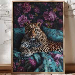 Purple & Teal Leopard in Vintage Bed, leopard bedroom, maximalist wall art, leopard print, leopard wall art, art deco leopard, trendy print