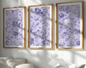 Set of 3 Purple Vintage Floral Prints, chinoiserie flower wall art, floral wall decor prints, love shack fancy wall art, instant download