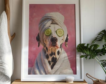 Dalmatian Spa Wall Art, Funny Dog Bathroom Print, Pampered Pup Poster with Cucumber Eyes, Quirky Animal Decor, Pink Pet Digital Download