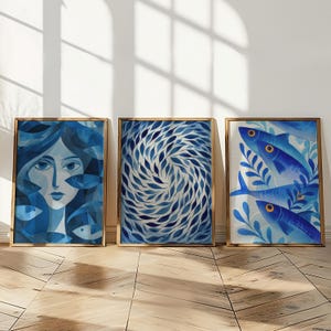 Set of 3 Anthropologie Inspired Fish Wall Art Set, Abstract Ocean Watercolor Print, Coastal Gallery Wall Decor, Nautical Sea Life Series