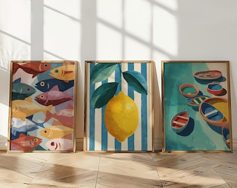 Set of 8 Mediterranean Coastal Prints, Matisse Inspired Art with Lemons, Sardines, Santorini Views, Coastal Kitchen Decor, Digital Downloads