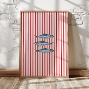 Red Sardines Wall Art Print, Watercolor Fish Poster, Coastal Kitchen Decor, Nautical Stripe Illustration, French Riviera Style Download