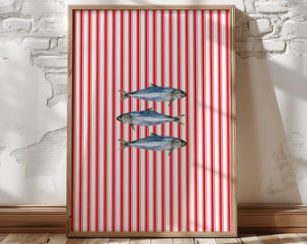 Rode sardines Wall Art Print, aquarel vis poster, kustkeuken decor, nautische streep illustratie, Franse Rivièra stijl download