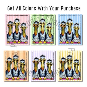 May include: Six different color variations of a digital illustration of three pelicans wearing sunglasses. Each pelican has a different colored beak and feet. The pelicans are standing on a striped background.